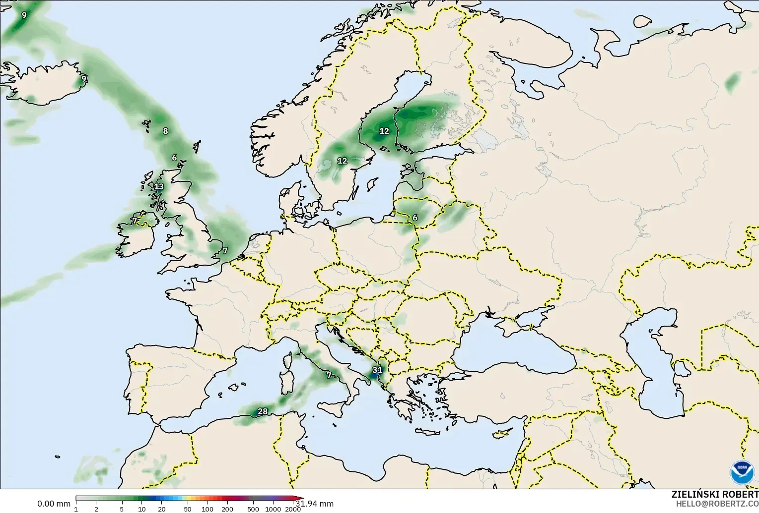 GFS modelo - Europa, Acumulación de precipitación