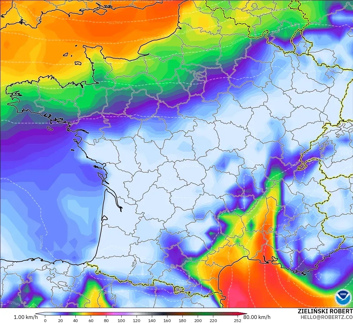 GFS modelo - Francia, Ráfagas de Viento Máximas