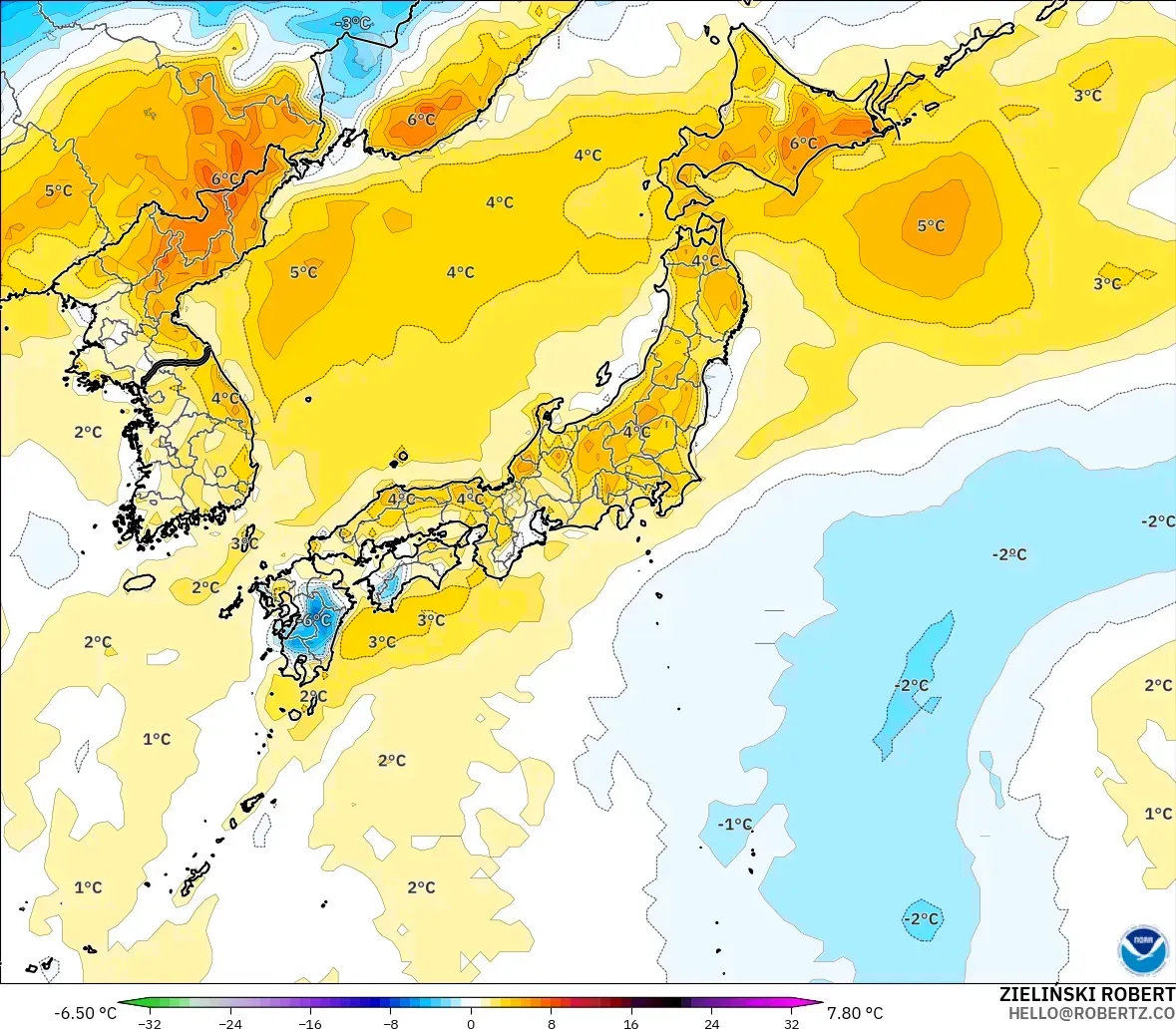 GFS modelo - Japón, Anomalía de temperatura a 2 m