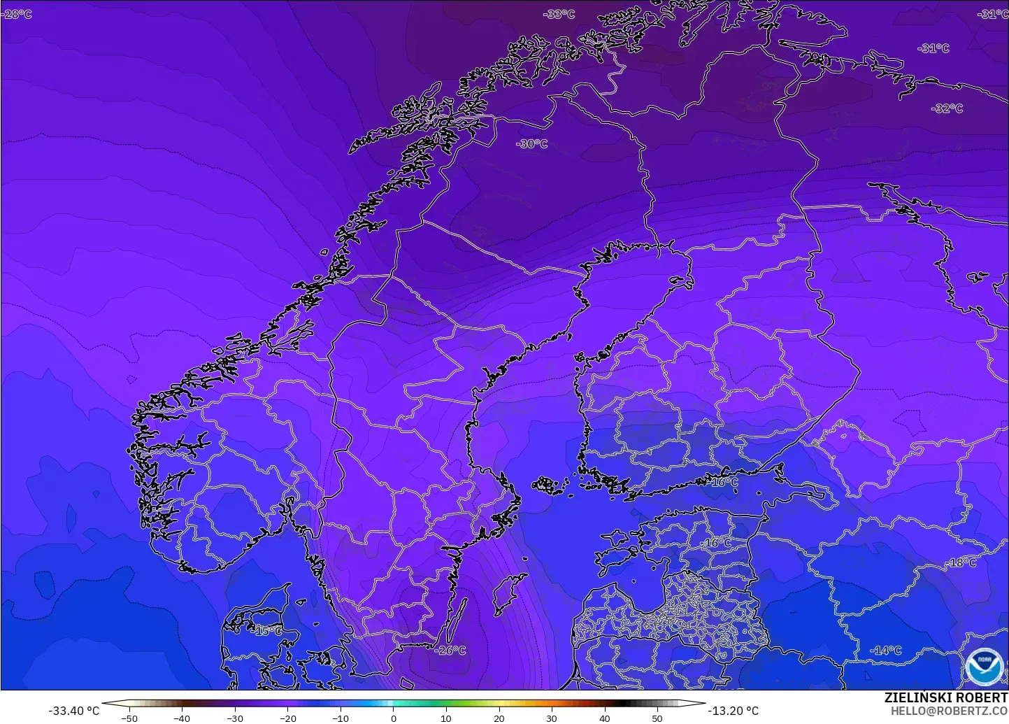 GFS modelo - Escandinavia, Temperatura a 500 hPa