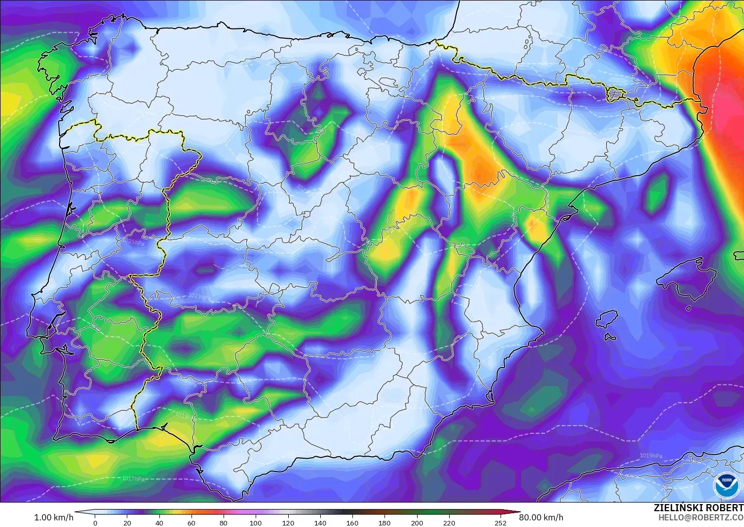 GFS modelo - España, Ráfagas de viento