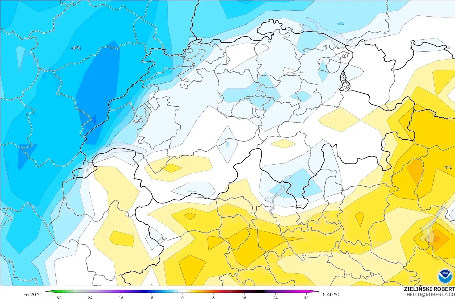 GFS modelo - Suiza, Anomalía de temperatura a 2 m