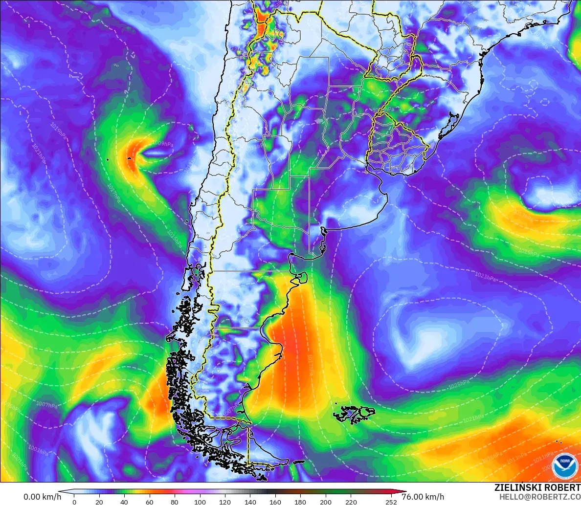 GFS modelo - Argentina, Ráfagas de viento