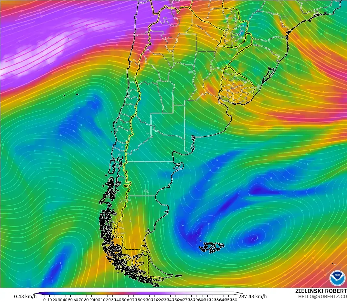 GFS modelo - Argentina, Viento a 300 hPa (corriente en chorro)