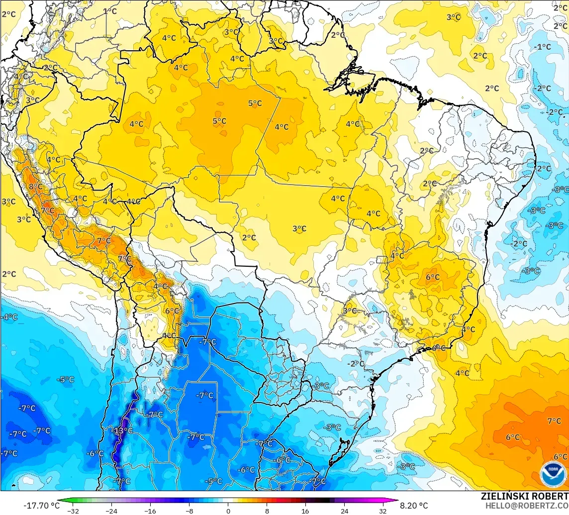 GFS modelo - Brasil, Anomalía de temperatura a 850 hPa