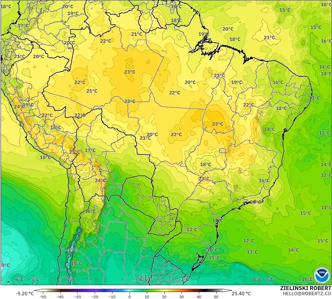 GFS modelo - Brasil, Temperatura a 850 hPa