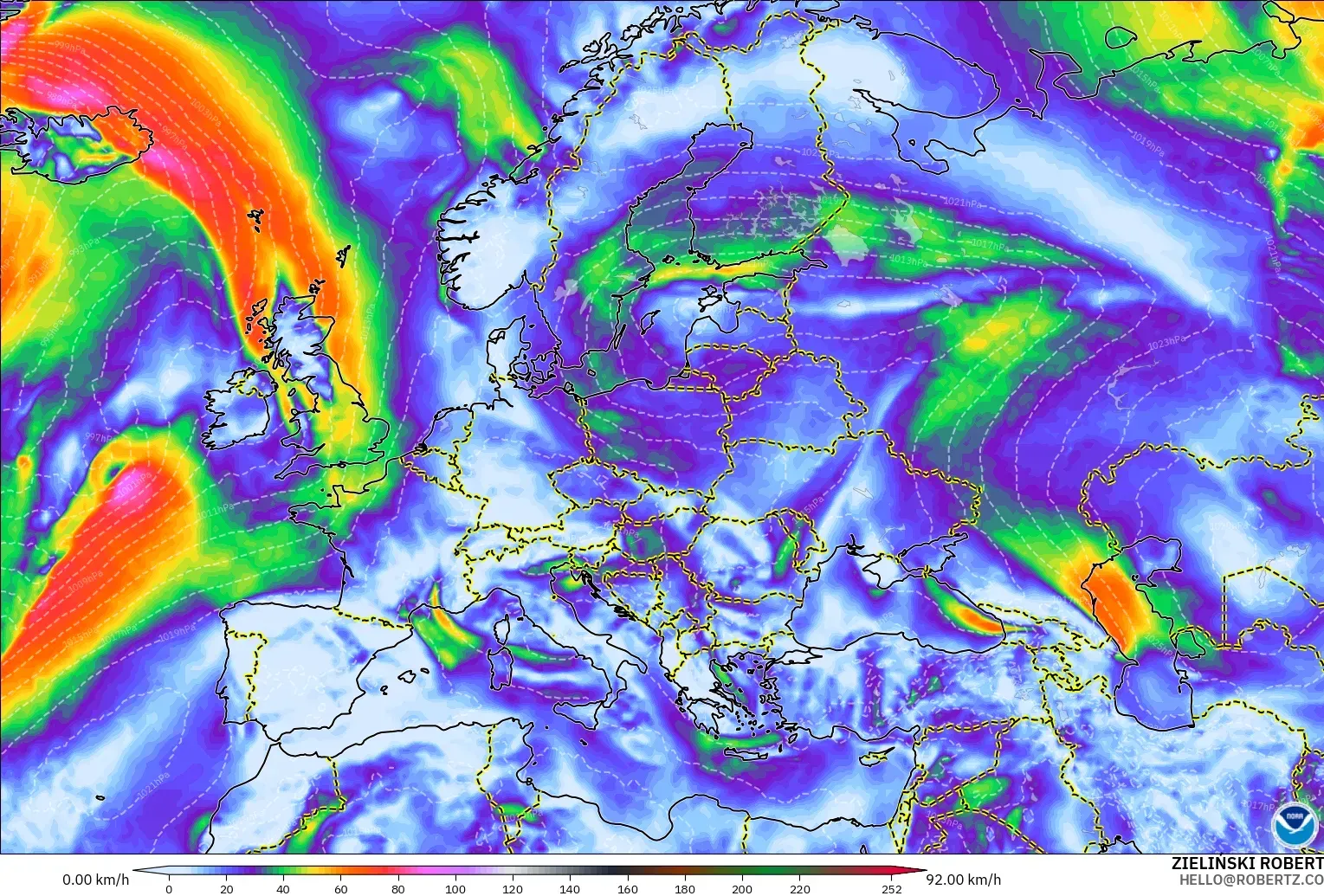 GFS modelo - Europa, Ráfagas de viento
