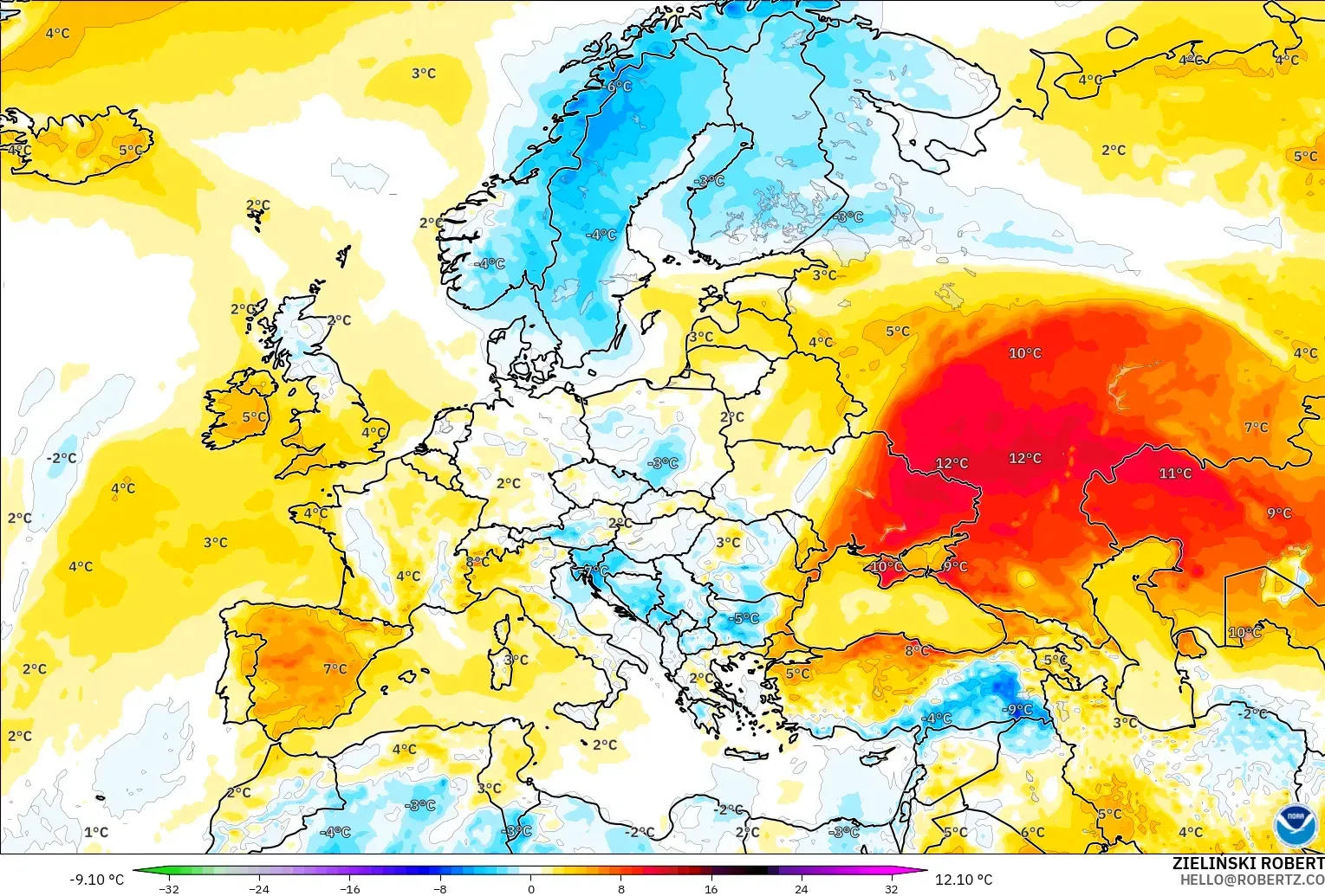 GFS modelo - Europa, Anomalía de temperatura a 2 m
