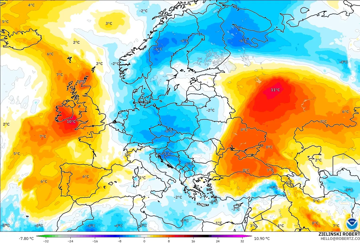 GFS modelo - Europa, Anomalía de temperatura a 850 hPa