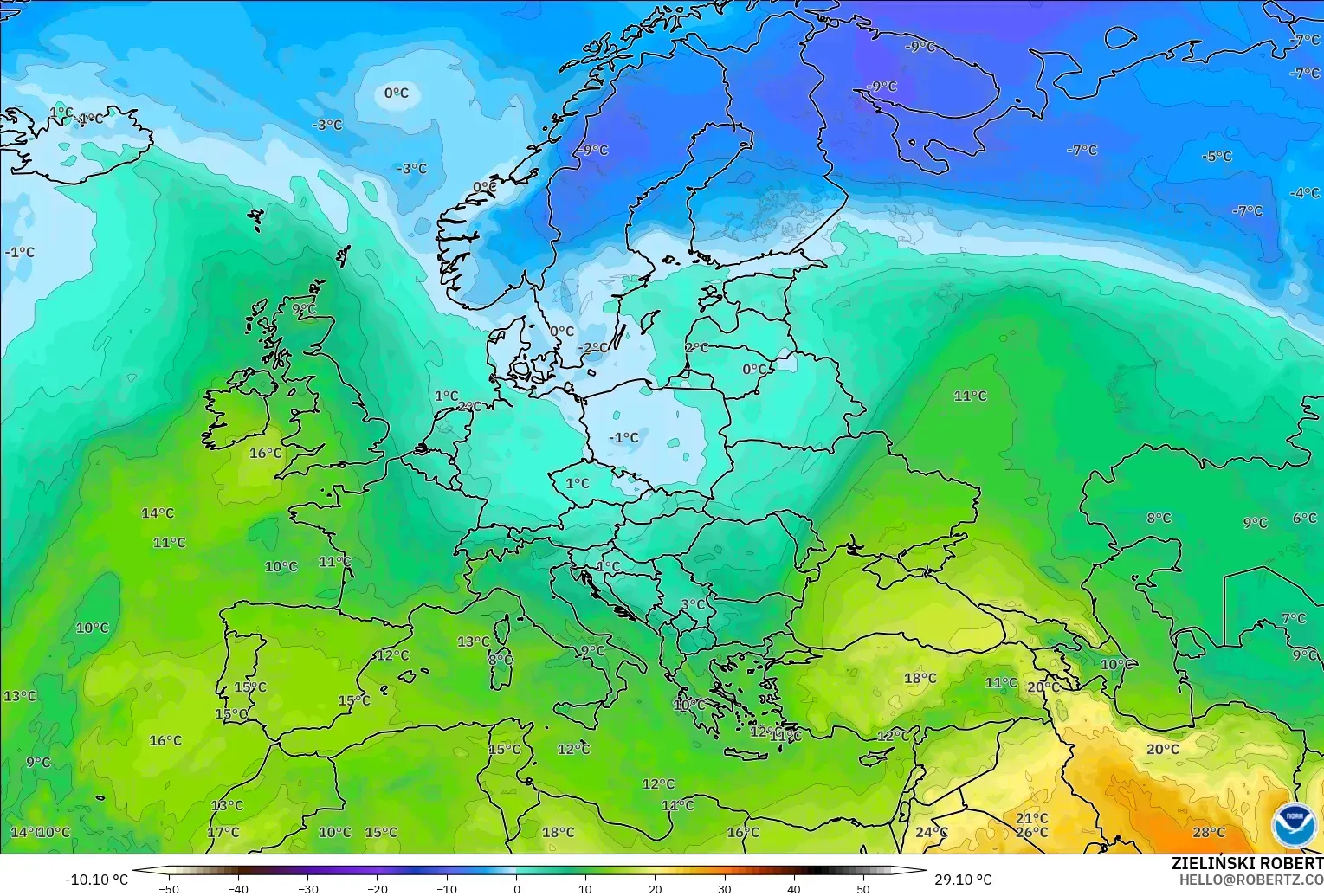 GFS modelo - Europa, Temperatura a 850 hPa