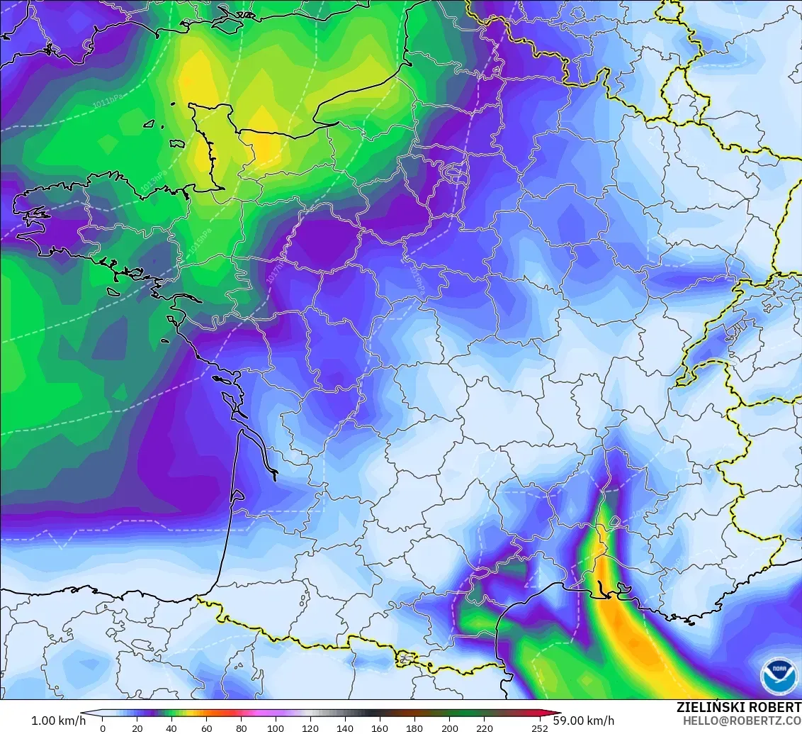 GFS modelo - Francia, Ráfagas de viento