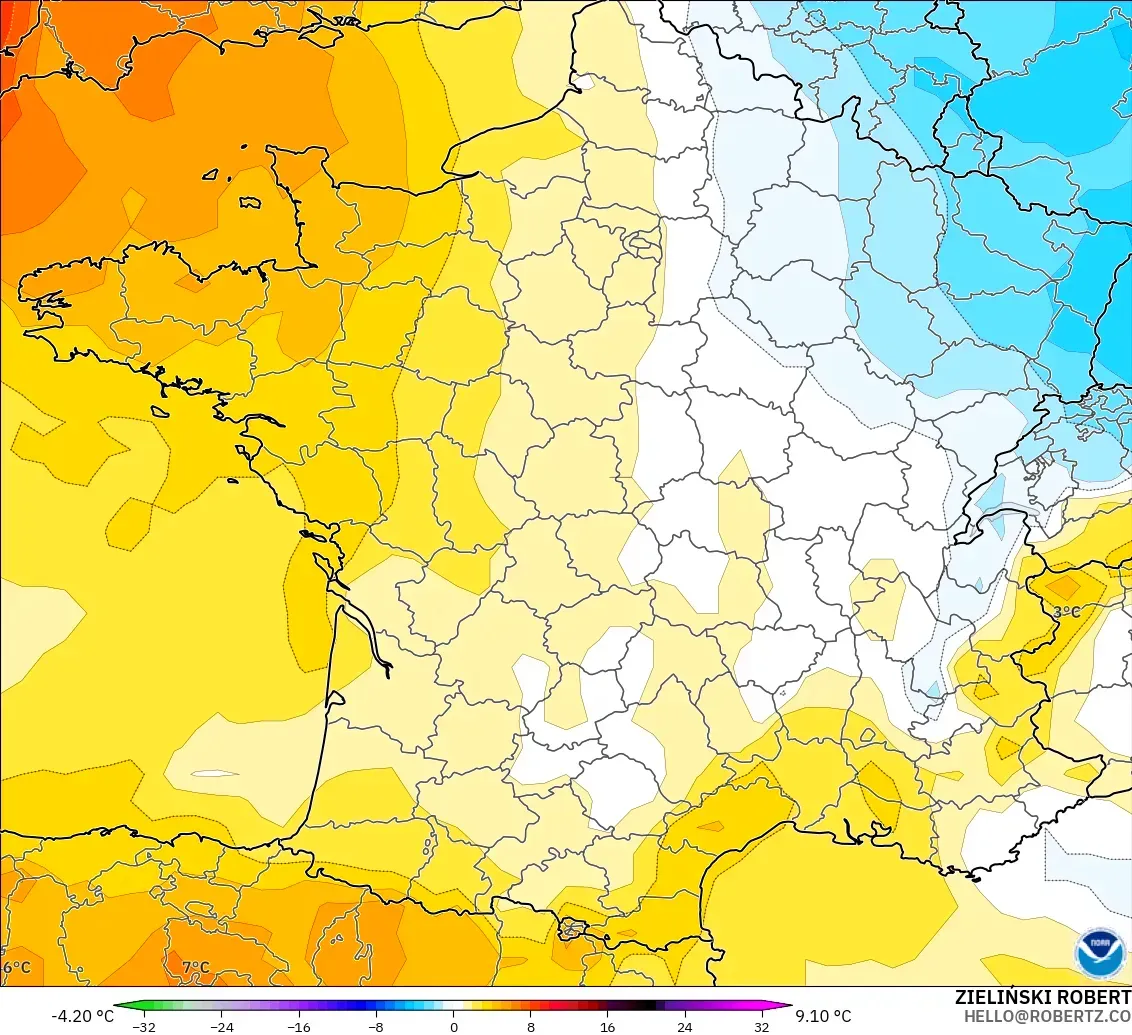 GFS modelo - Francia, Anomalía de temperatura a 850 hPa
