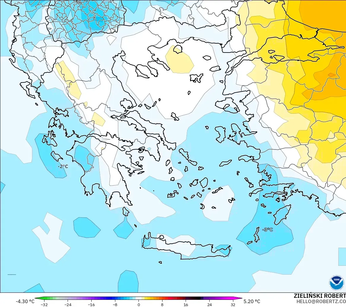 GFS modelo - Grecia, Anomalía de temperatura a 850 hPa