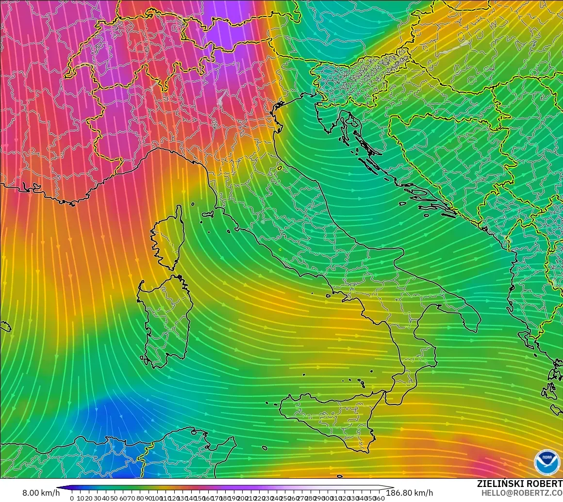 GFS modelo - Italia, Viento a 300 hPa (corriente en chorro)