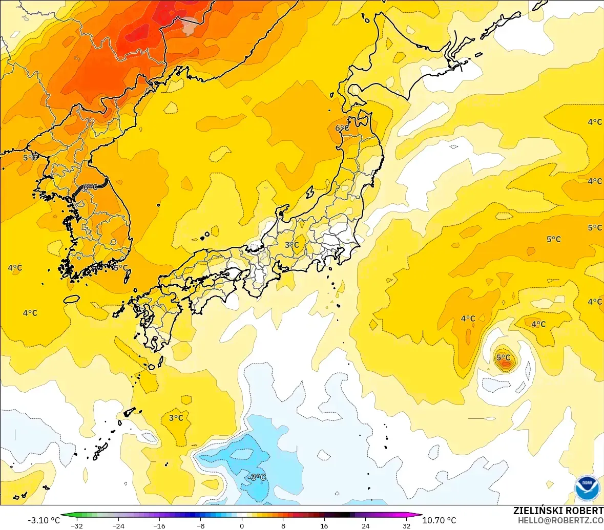 GFS modelo - Japón, Anomalía de temperatura a 850 hPa