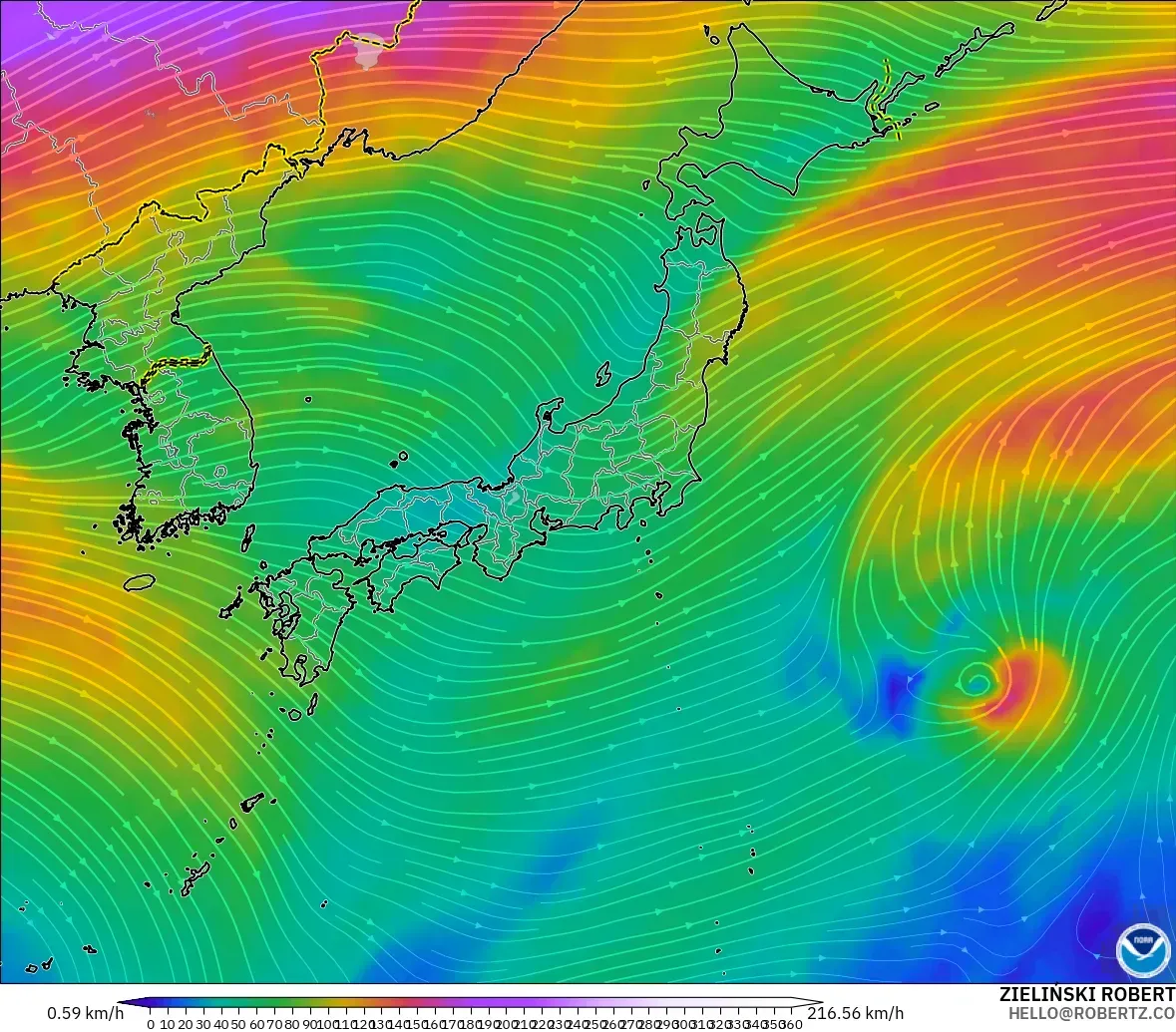 GFS modelo - Japón, Viento a 300 hPa (corriente en chorro)