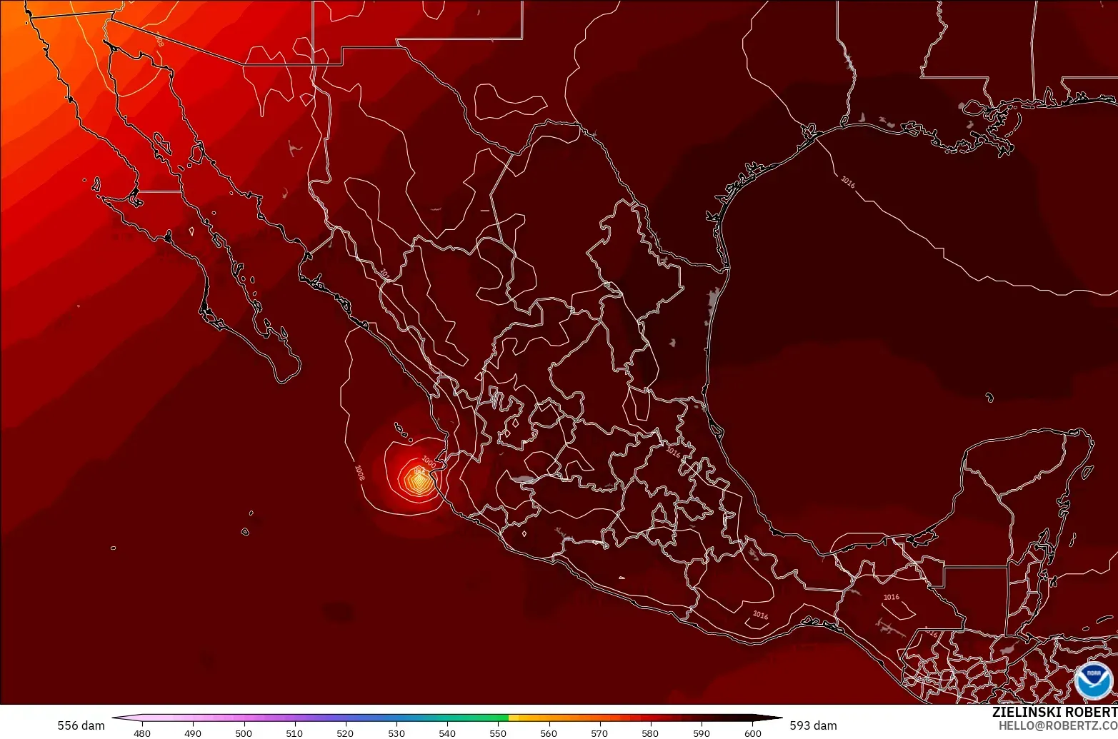 GFS modelo - México, Altura geopotencial a 500 hPa