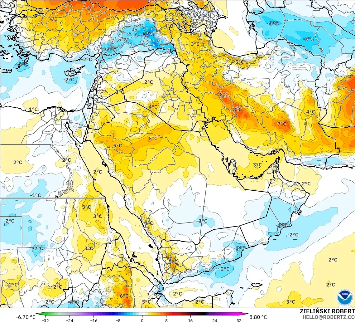 GFS modelo - Oriente Medio, Anomalía de temperatura a 850 hPa