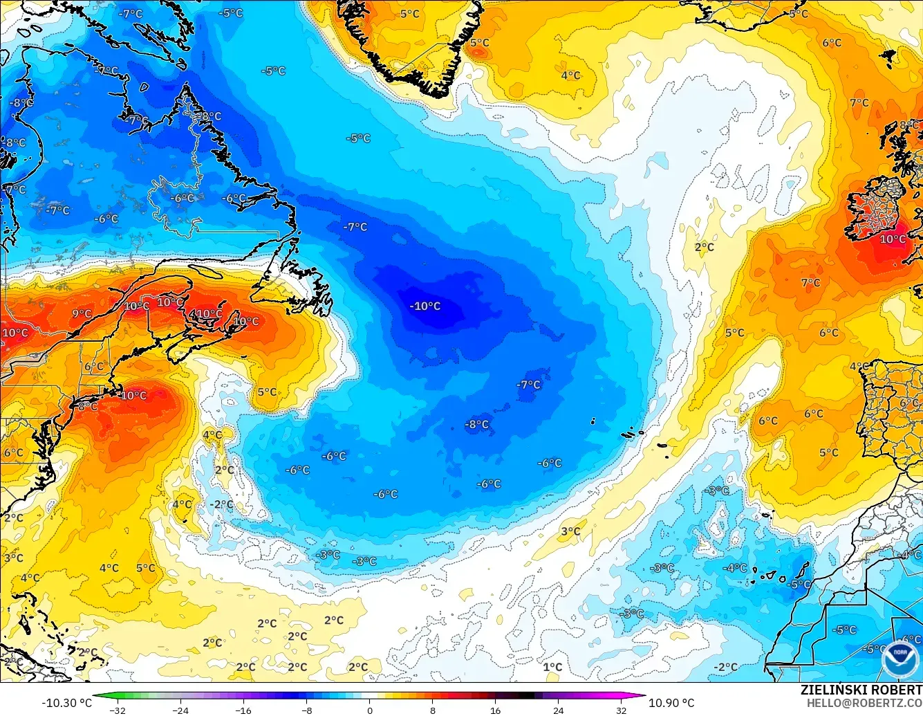 GFS modelo - Norte Atlántico, Anomalía de temperatura a 850 hPa