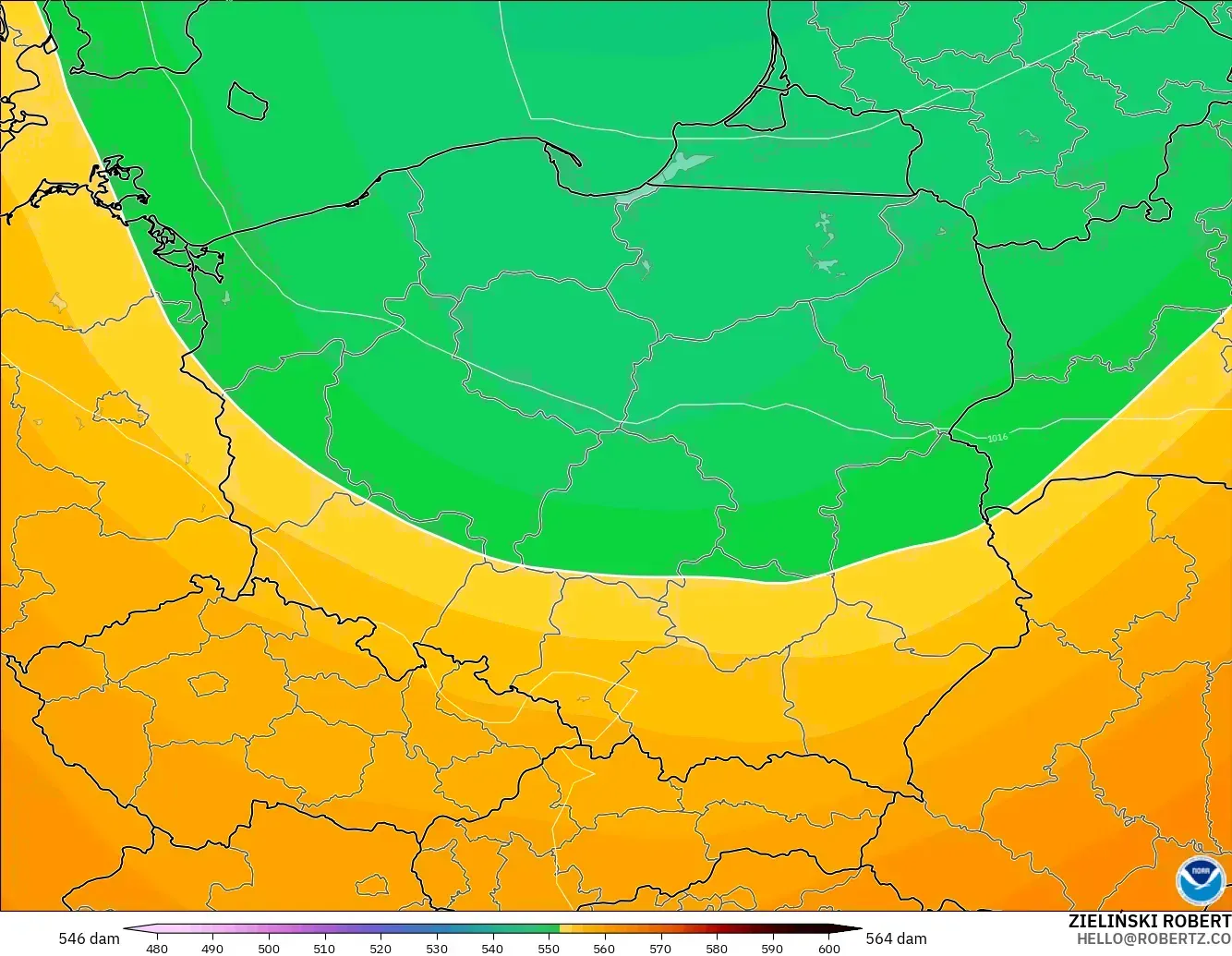 GFS modelo - Polonia, Altura geopotencial a 500 hPa