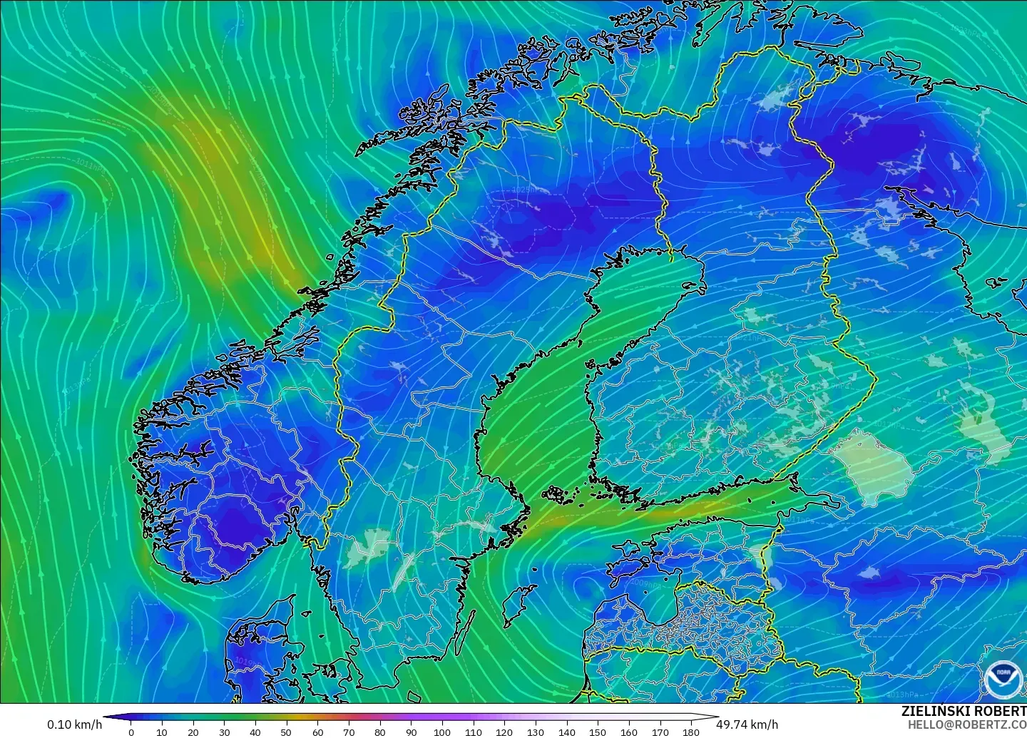 GFS modelo - Escandinavia, Viento a 10 m