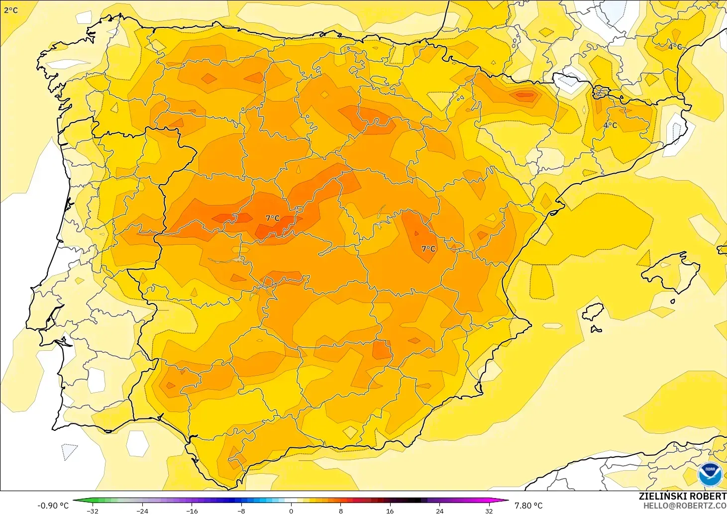 GFS modelo - España, Anomalía de temperatura a 2 m