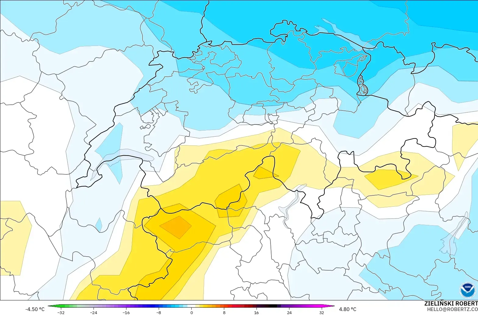 GFS modelo - Suiza, Anomalía de temperatura a 850 hPa