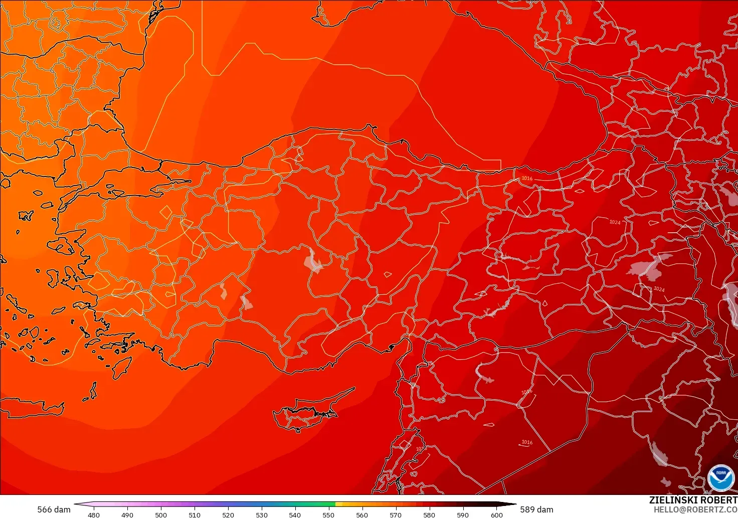 GFS modelo - Turquía, Altura geopotencial a 500 hPa