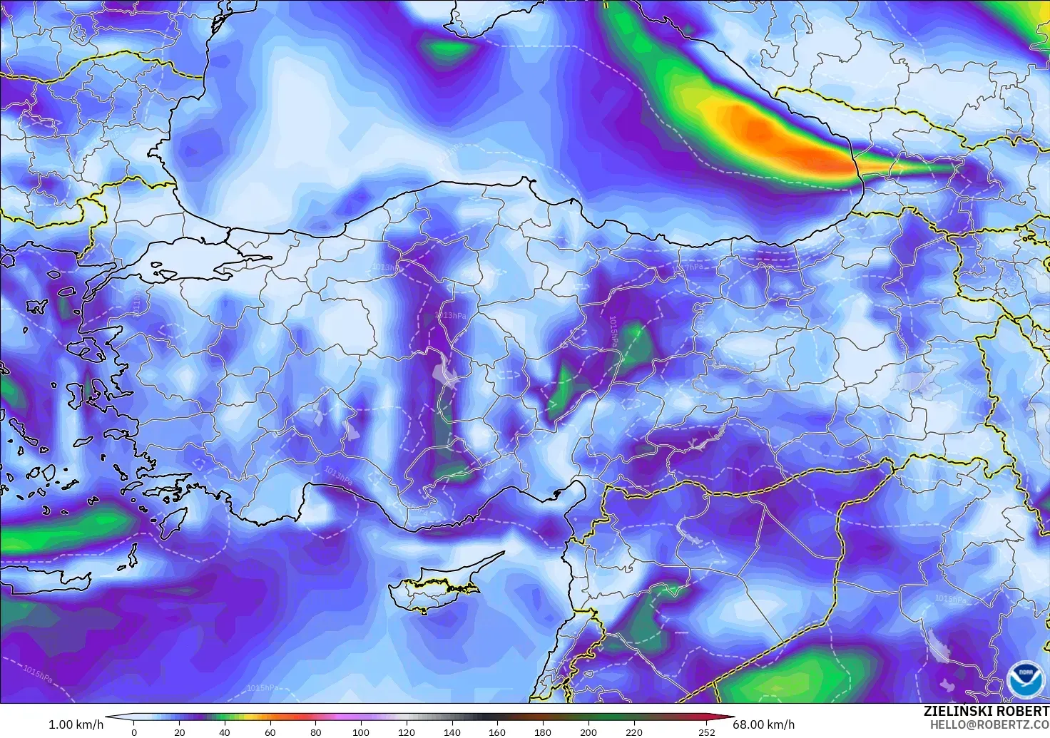 GFS modelo - Turquía, Ráfagas de viento