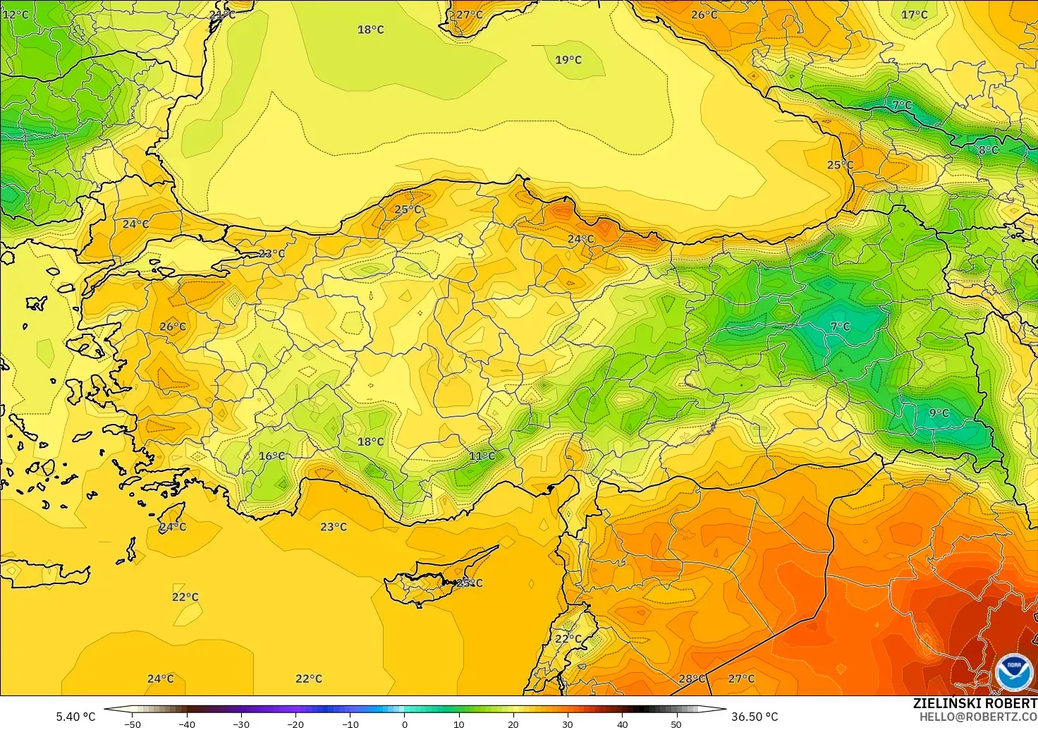 GFS modelo - Turquía, Temperatura a 2 m
