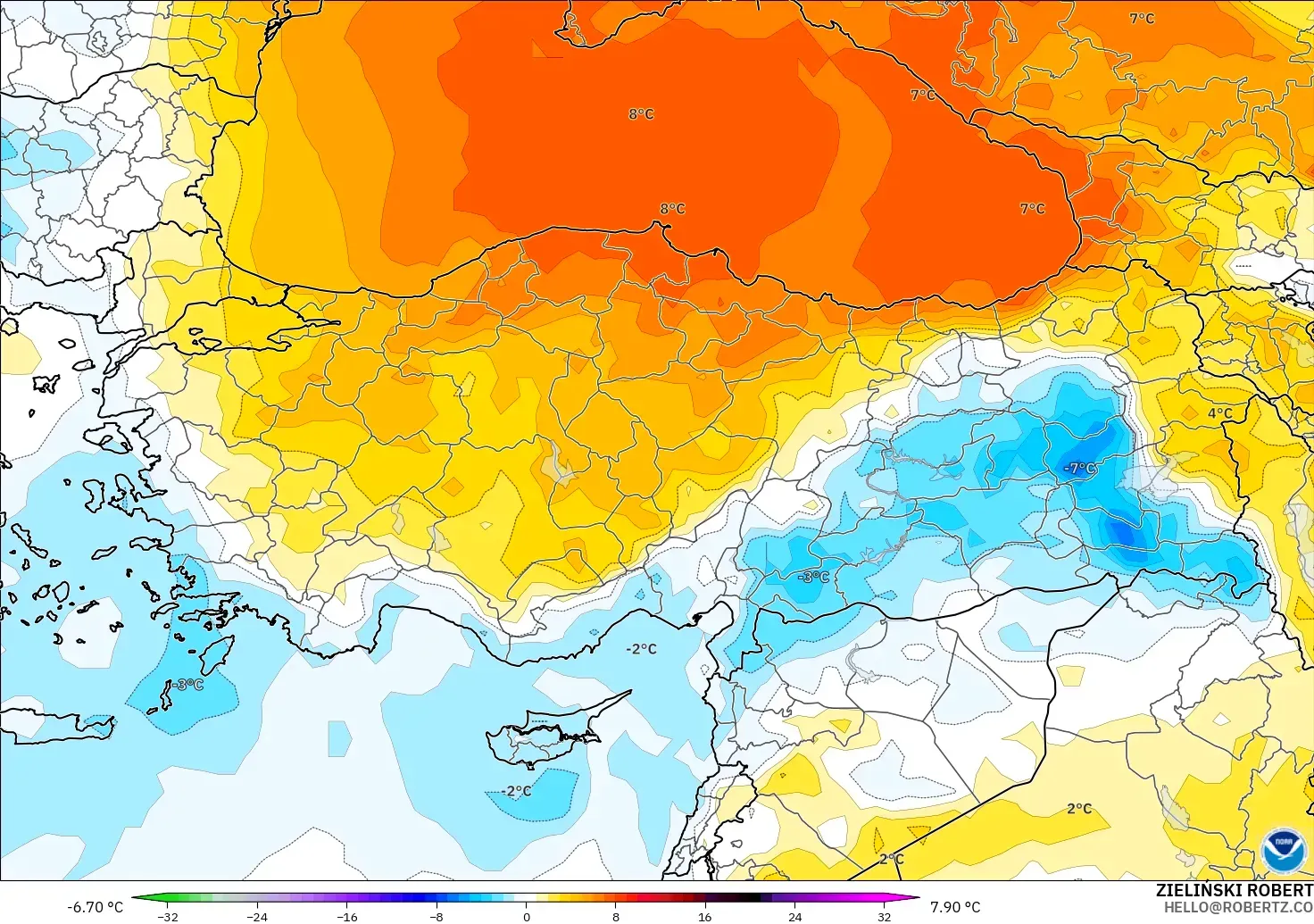 GFS modelo - Turquía, Anomalía de temperatura a 850 hPa