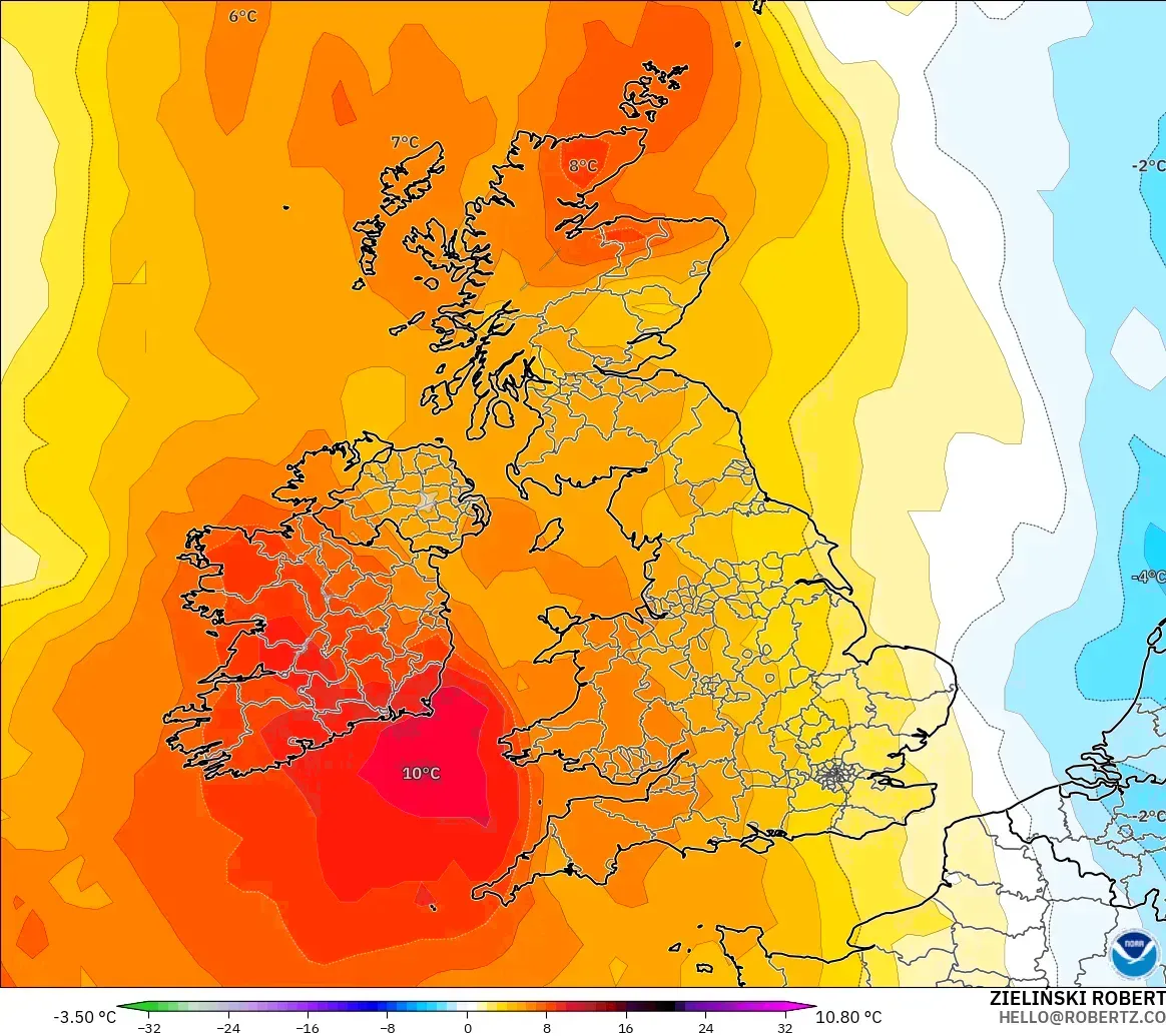 GFS modelo - Reino Unido, Anomalía de temperatura a 850 hPa