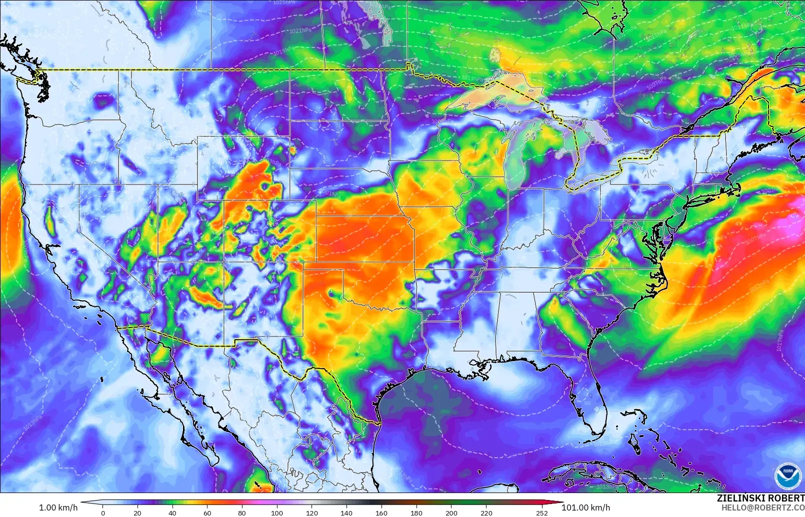 GFS modelo - Estados Unidos, Ráfagas de viento