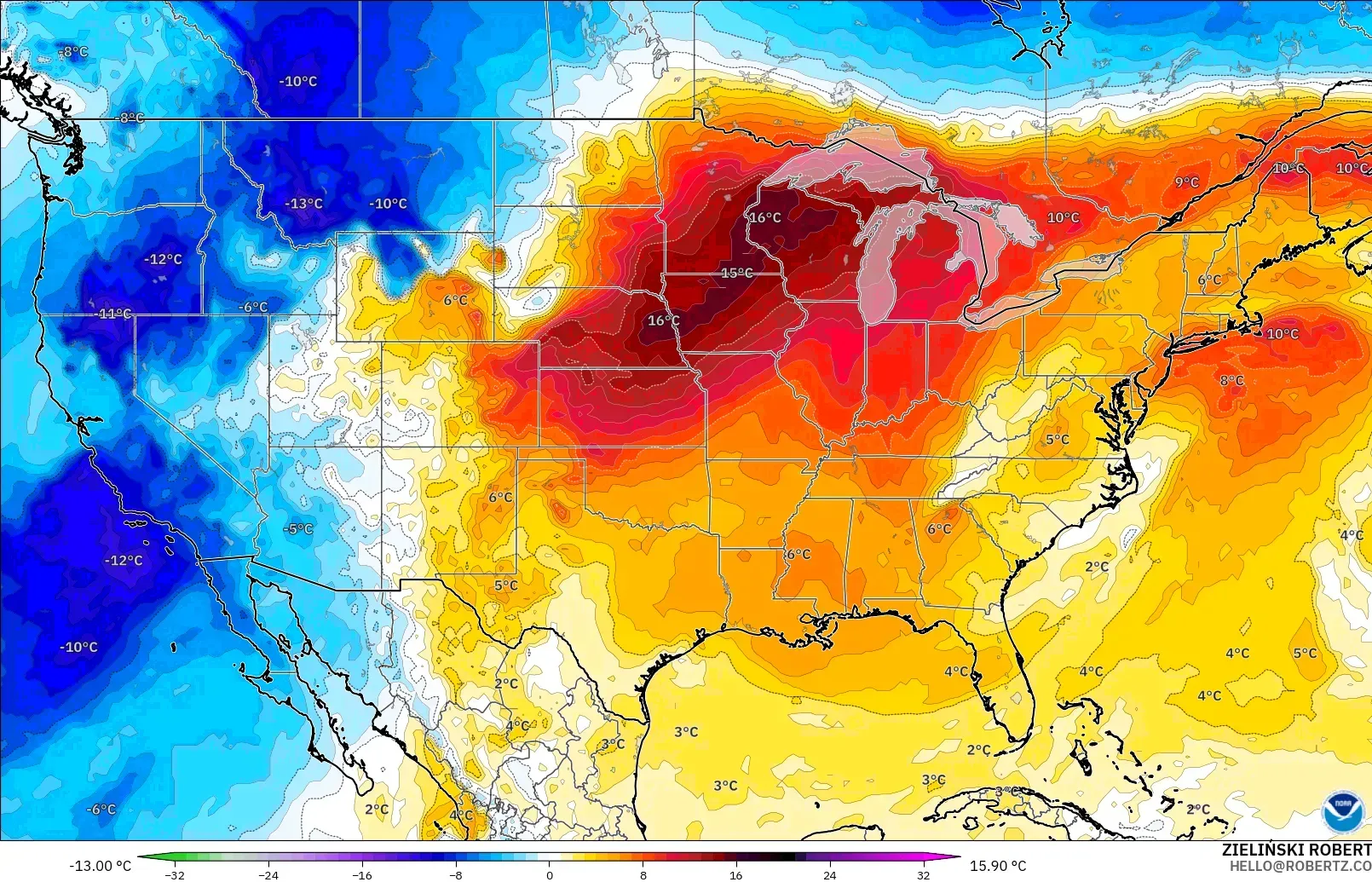 GFS modelo - Estados Unidos, Anomalía de temperatura a 850 hPa