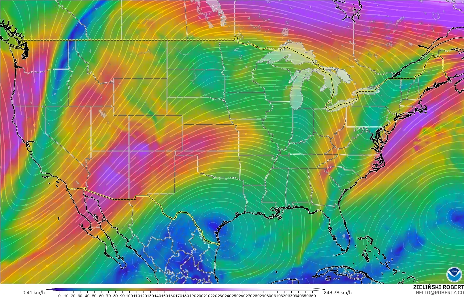 GFS modelo - Estados Unidos, Viento a 300 hPa (corriente en chorro)