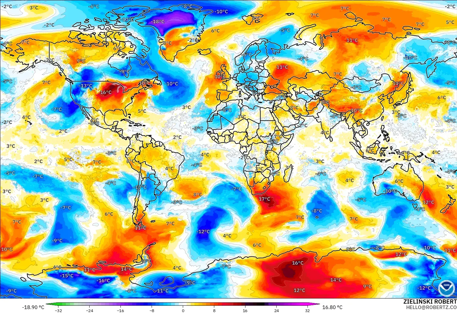 GFS modelo - Mundo, Anomalía de temperatura a 850 hPa