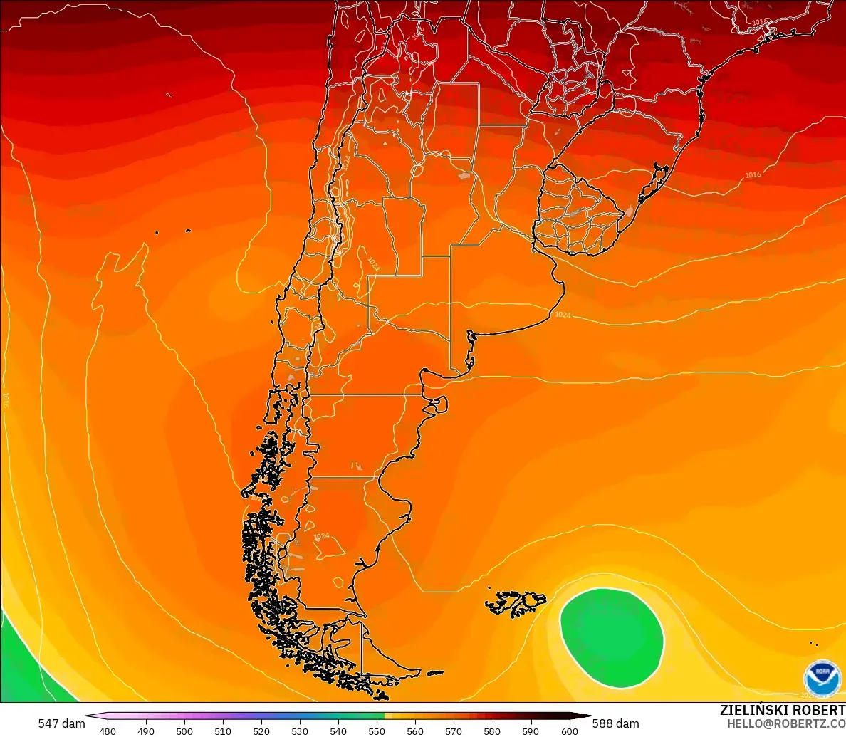 GFS modelo - Argentina, Altura geopotencial a 500 hPa