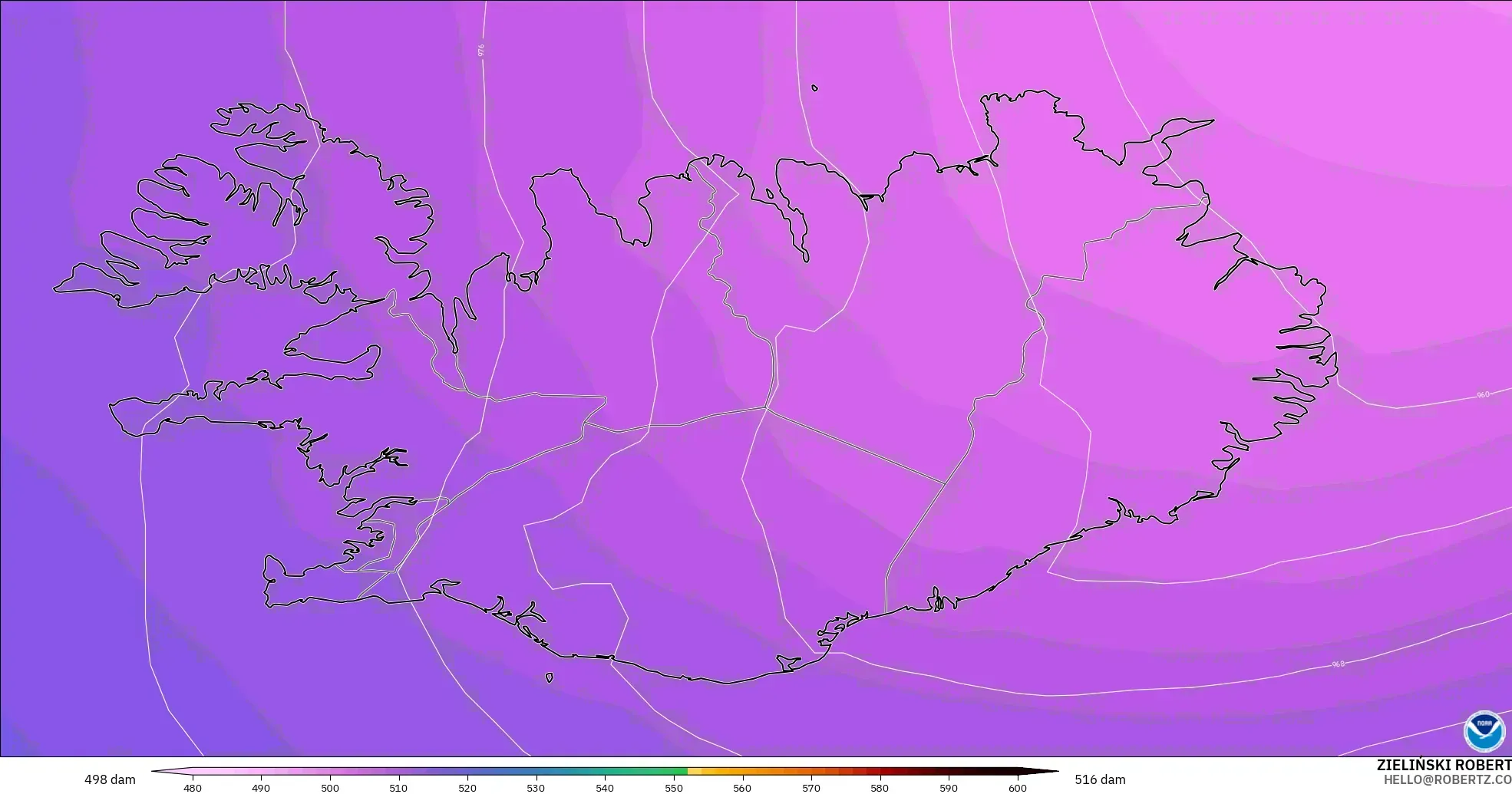GFS modelo - Islandia, Altura geopotencial a 500 hPa