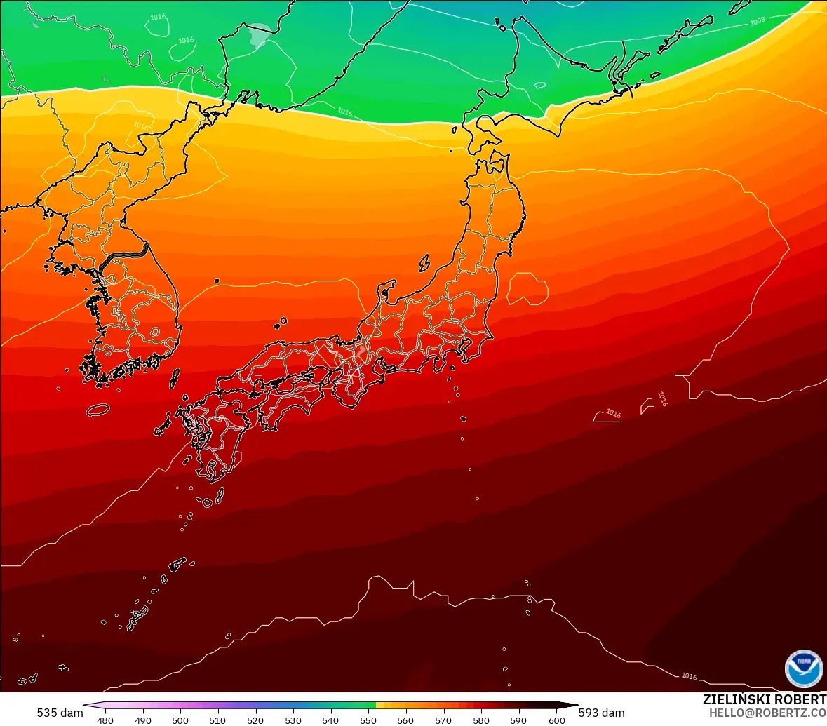 GFS modelo - Japón, Altura geopotencial a 500 hPa