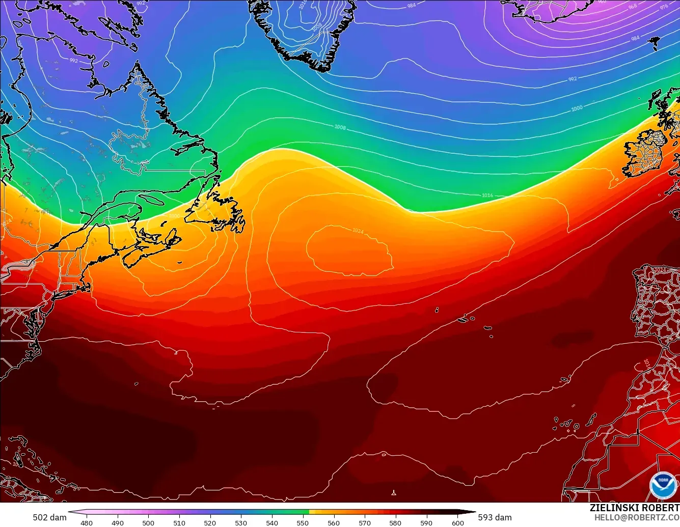GFS modelo - Norte Atlántico, Altura geopotencial a 500 hPa