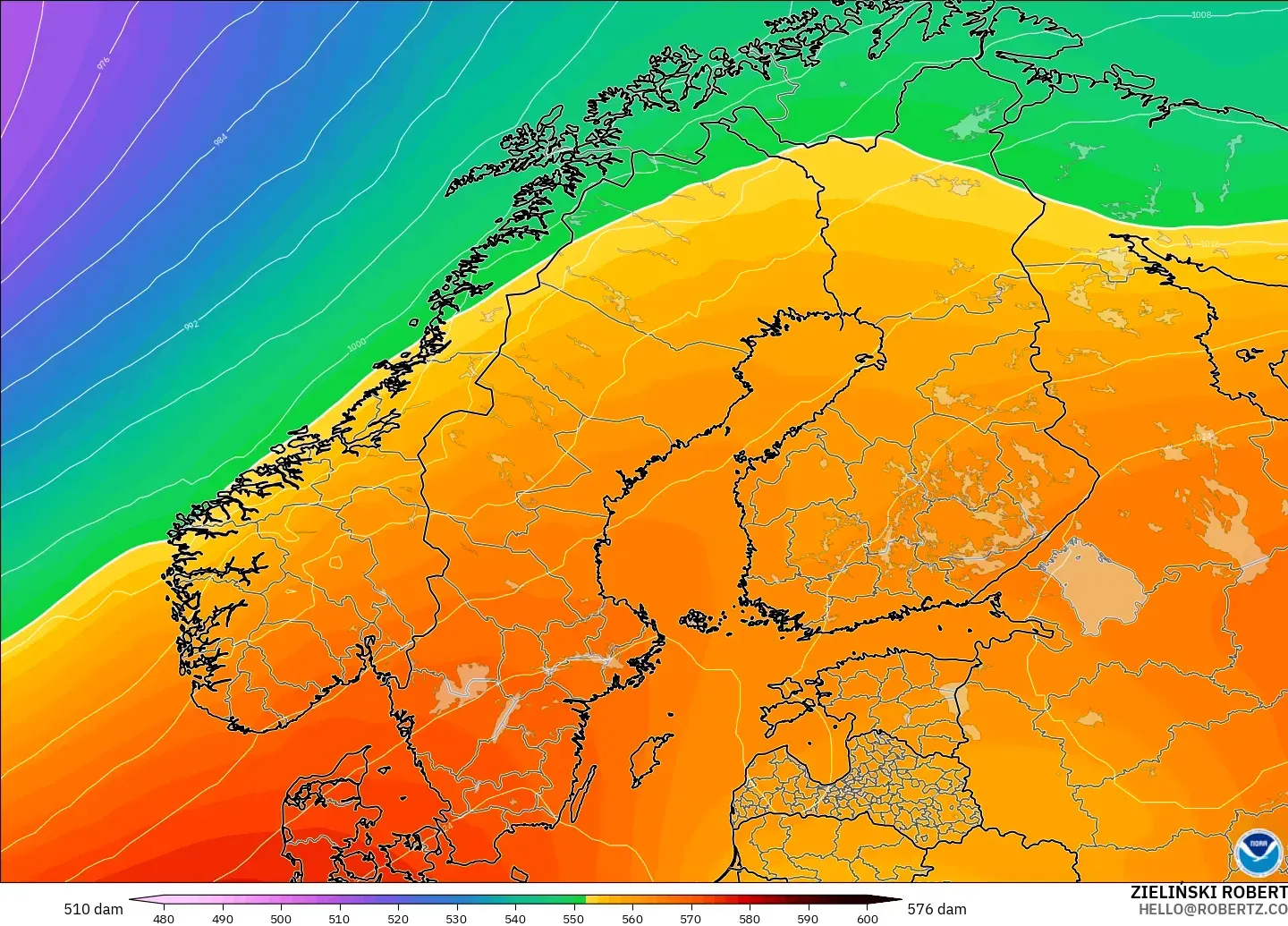 GFS modelo - Escandinavia, Altura geopotencial a 500 hPa