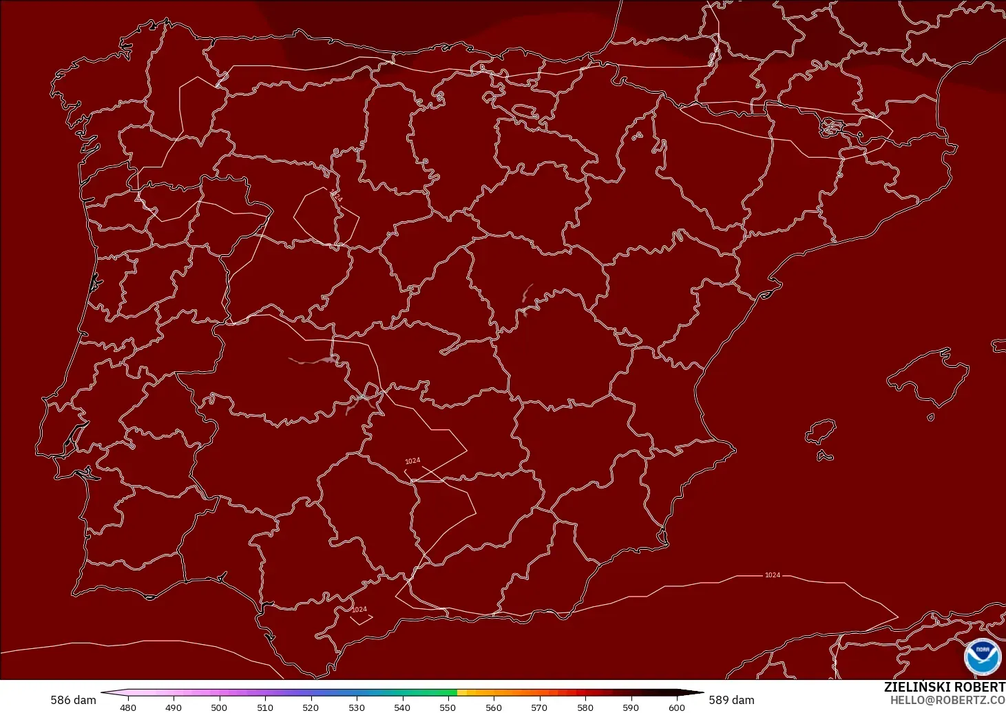 GFS modelo - España, Altura geopotencial a 500 hPa