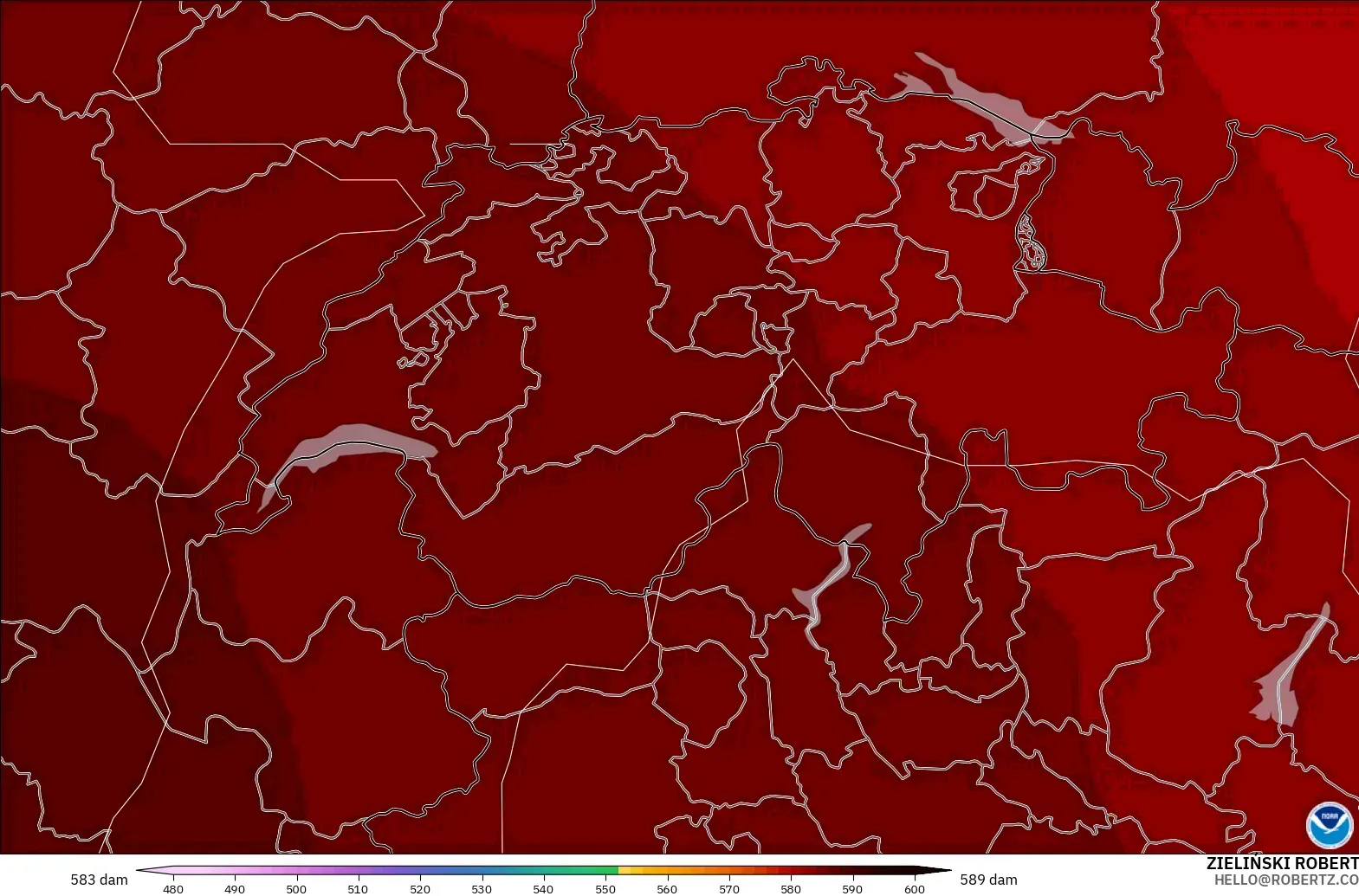 GFS modelo - Suiza, Altura geopotencial a 500 hPa
