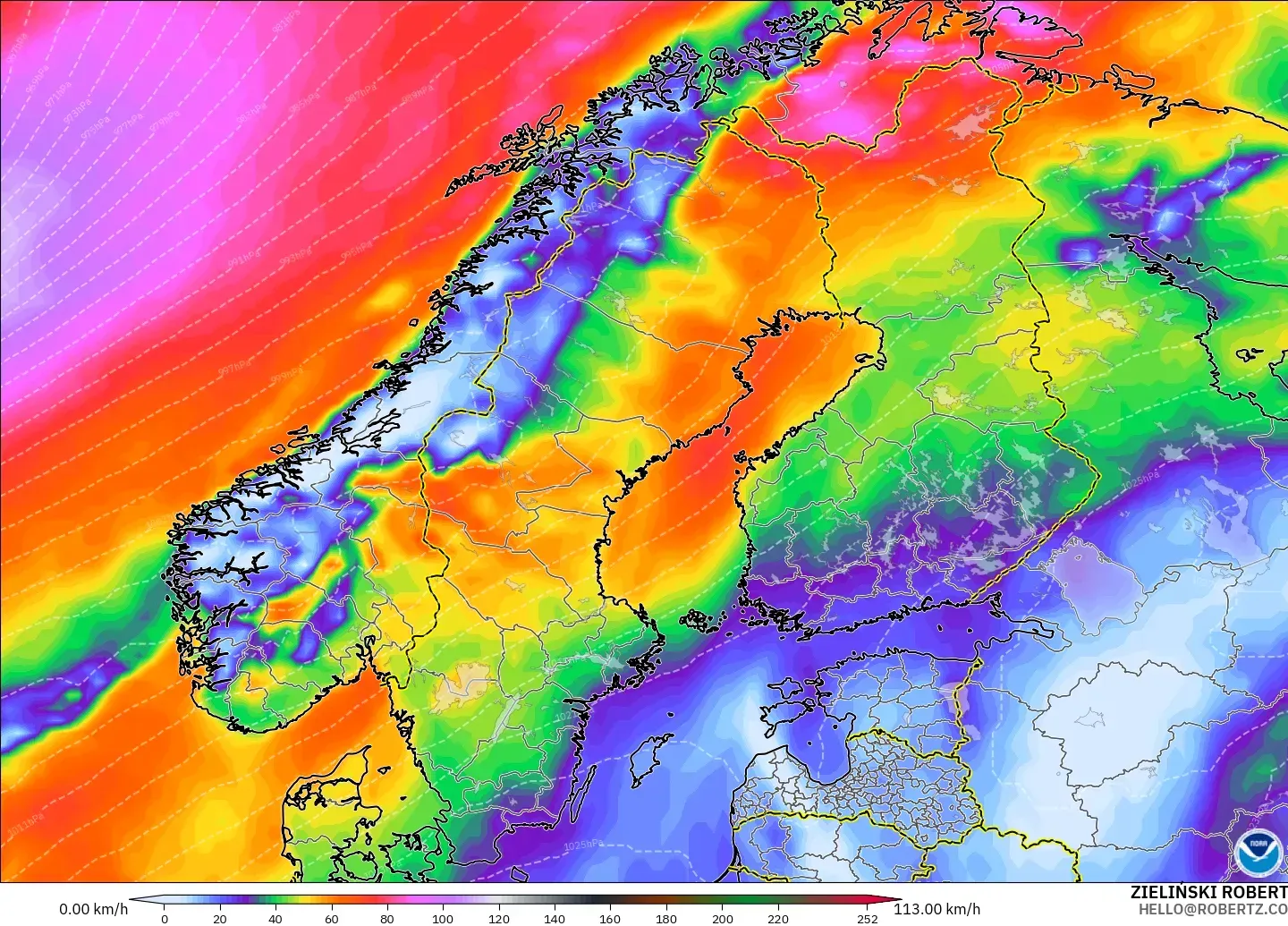 GFS modelo - Escandinavia, Ráfagas de viento