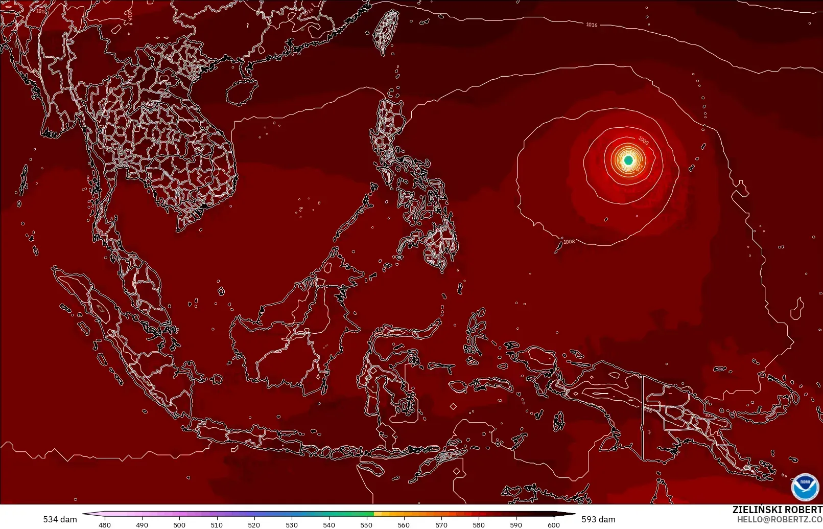GFS modelo - Sudeste Asiático, Altura geopotencial a 500 hPa