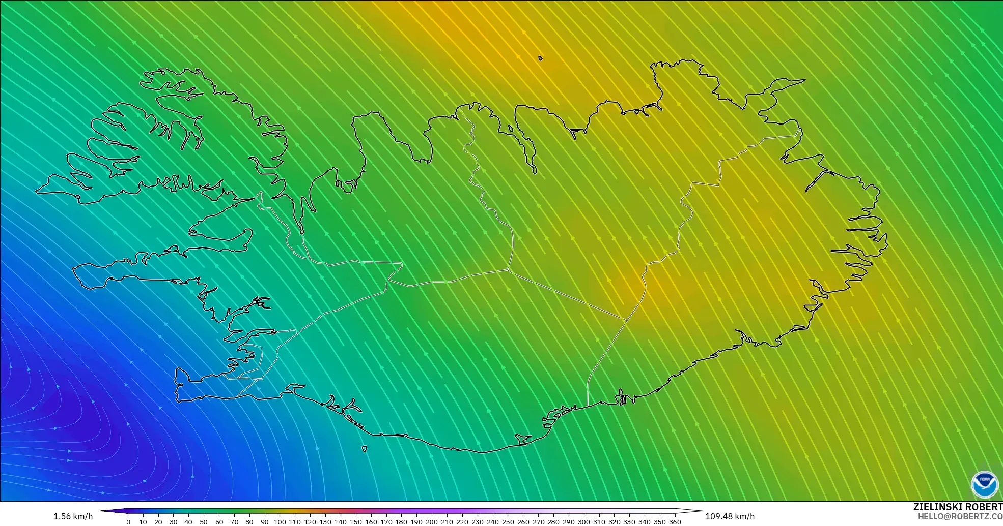 GFS modelo - Islandia, Viento a 300 hPa (corriente en chorro)