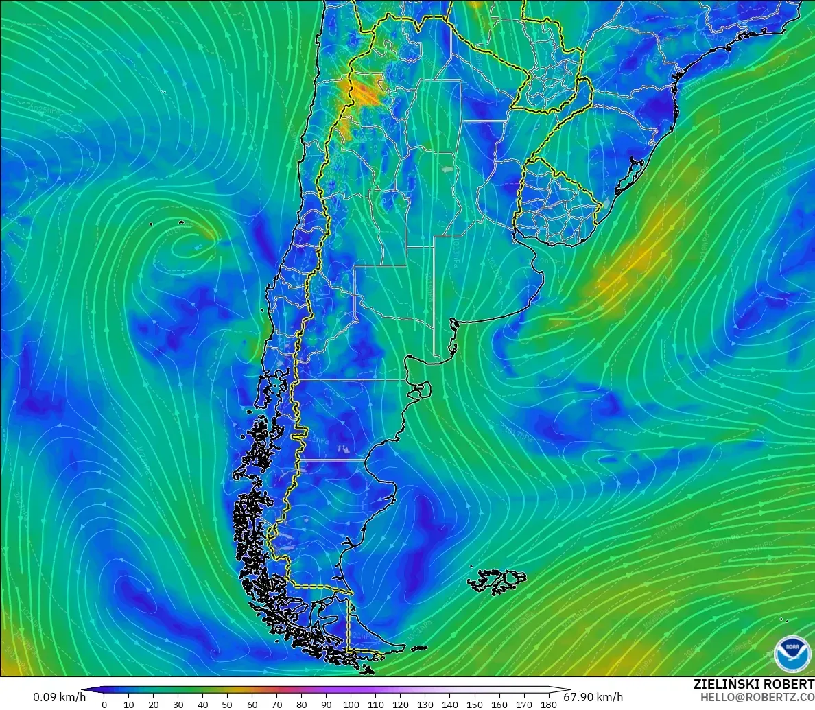 GFS modelo - Argentina, Viento a 10 m