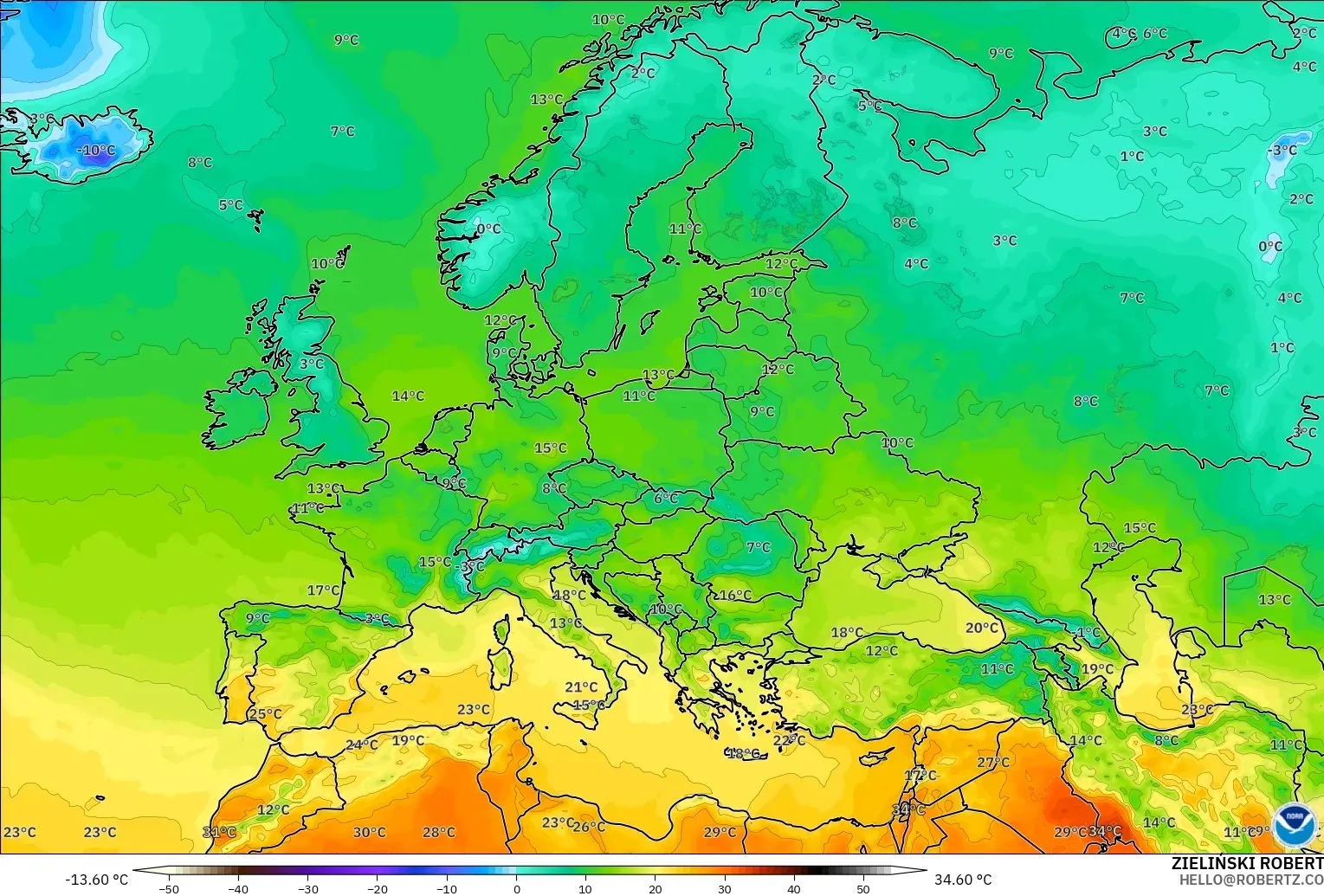 GFS modelo - Europa, Temperatura a 2 m