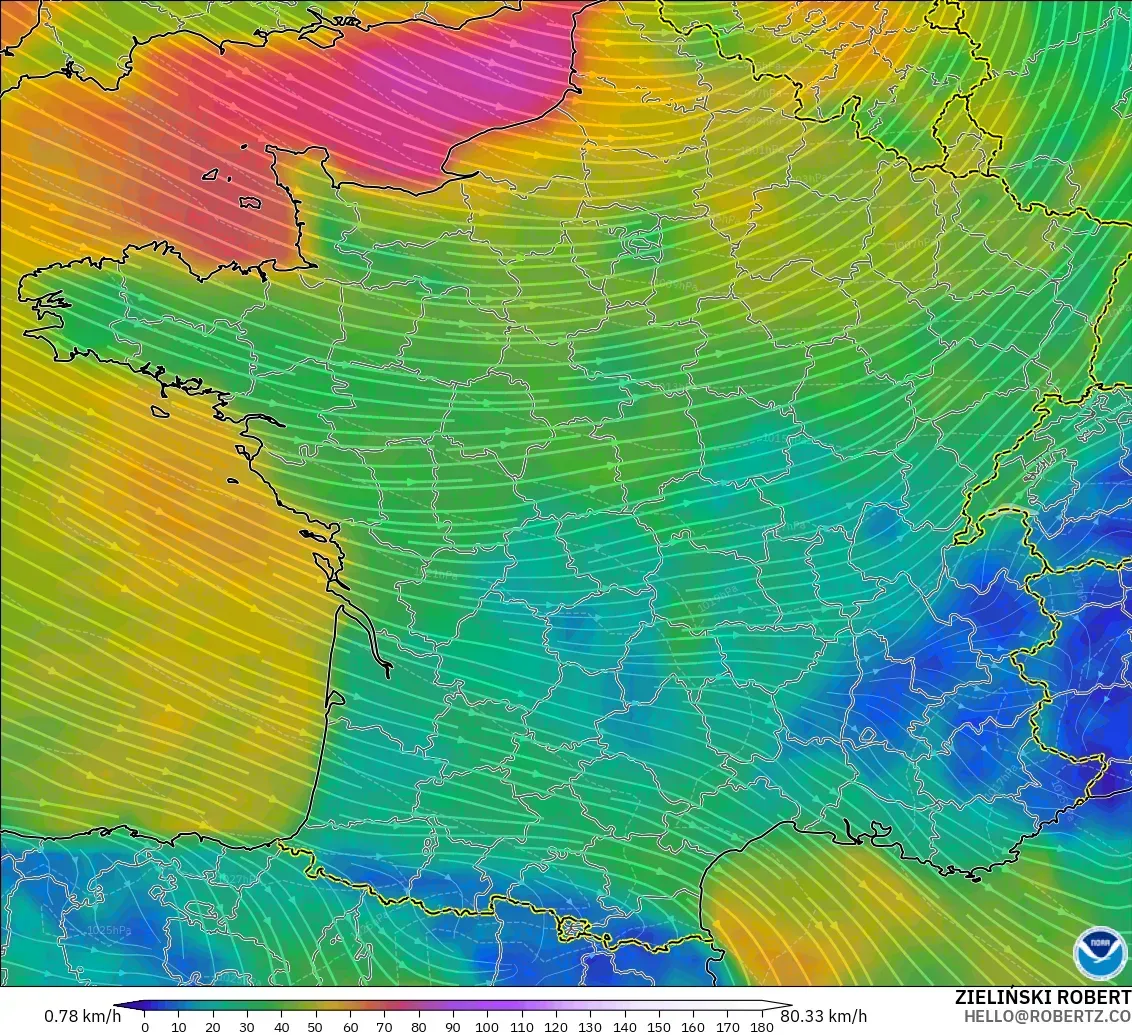 GFS modelo - Francia, Viento a 10 m