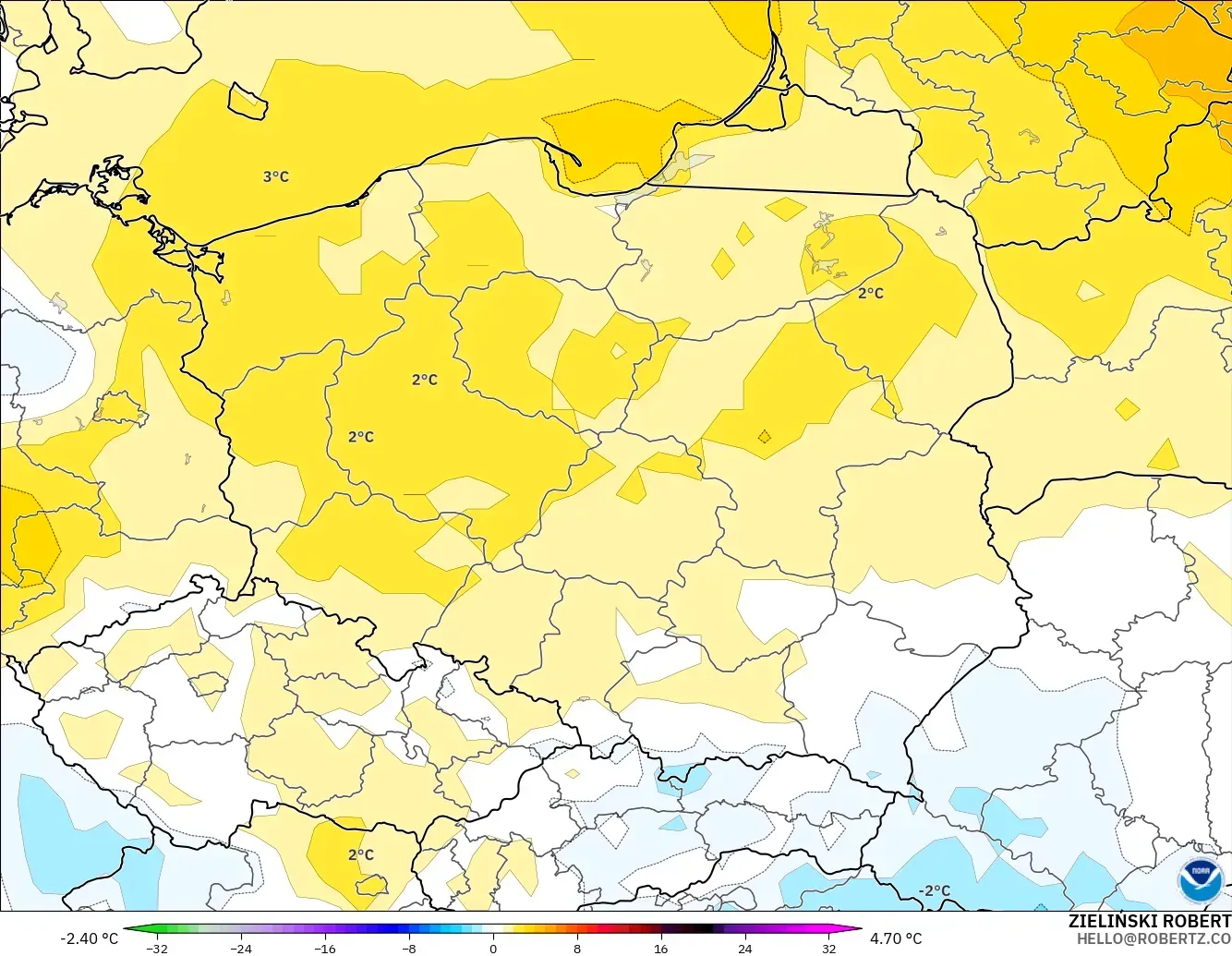 GFS modelo - Polonia, Anomalía de temperatura a 2 m